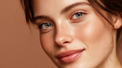 Naklejka premium Close up portrait of young woman with clear skin, natural makeup, and warm smile. Her light brown hair frames her face, highlighting her blue eyes and soft features. background is warm