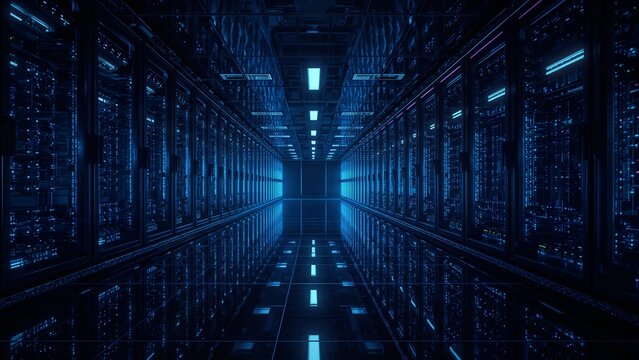 Futuristic data center with neon server racks