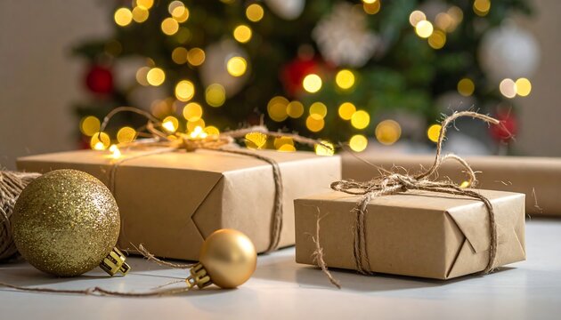 Festive gifts wrapped in brown paper, adorned with twine and golden ornaments, set against a bokeh Christmas tree backdrop