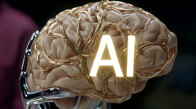 A human brain model with glowing AI text and golden neural circuits, symbolizing artificial intelligence and cognitive technology.
