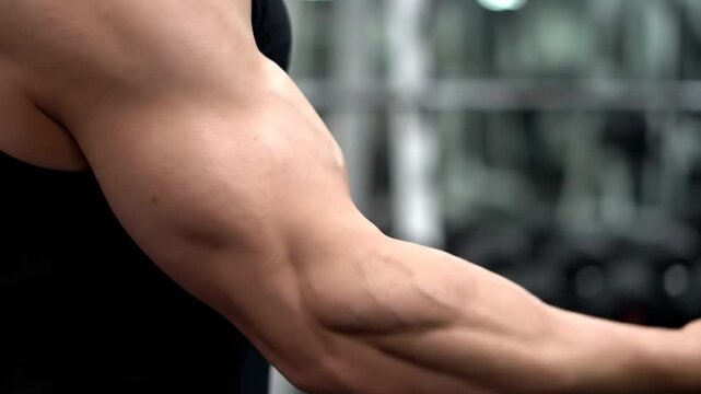 Close up of a muscular arm flexing in a gym.