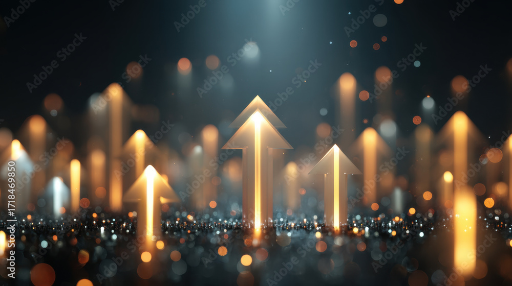 Poster glowing arrows rise upward, symbolizing growth and progress in dynamic, abstract environment filled 
