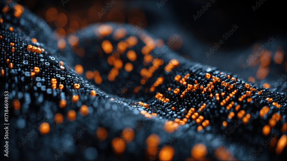 Poster textured fabric with vibrant orange and black beads creates visually striking pattern, evoking sense
