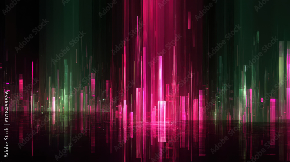 Poster vibrant abstract digital art featuring vertical lines in shades of pink and green, creating sense of