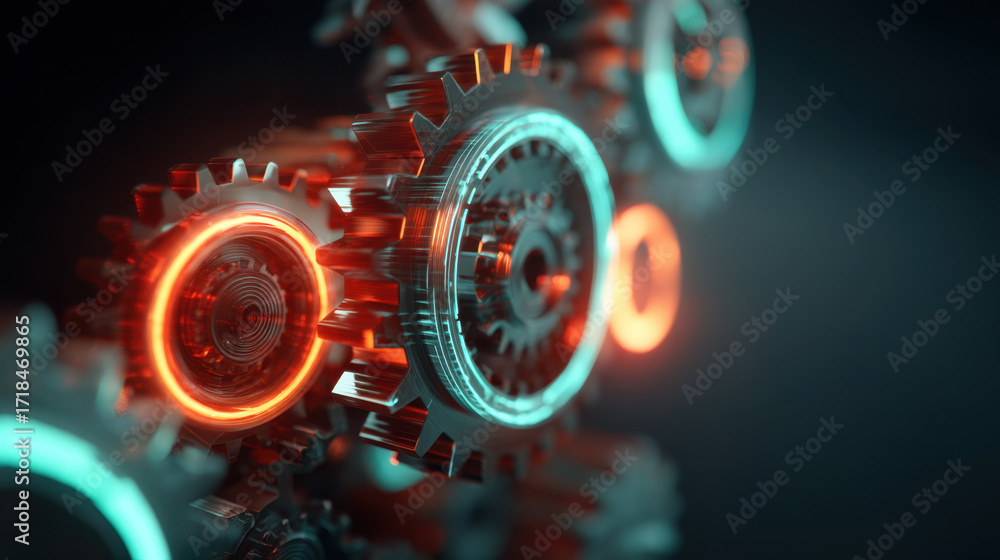Poster high tech gears with glowing neon accents create dynamic and futuristic atmosphere. intricate design