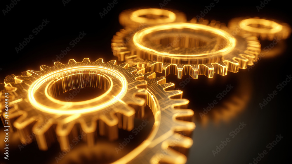 Poster golden gears create mesmerizing visual, showcasing intricate details and sense of motion. glowing ef