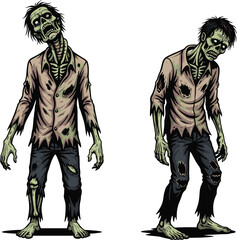 zombie, cartoon, horror, undead, monster, duo, green skin, scary, creepy, Halloween, infected, wounds, ribs, grotesque, stylized, illustration, vector, character, design, matching, eerie