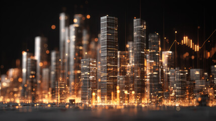 Futuristic city skyline with glowing skyscrapers and digital elements, representing technology and innovation in urban environments. scene conveys sense of progress and modernity