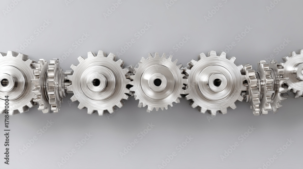 Poster metal gears arranged in row, showcasing intricate details and shiny finish. gears symbolize precisio