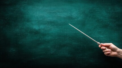 Naklejka premium Hand Holding Wand Pointed At Dark Teal Chalkboard