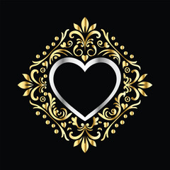 Wedding icon with heart and flower. Vector illustration on black background.