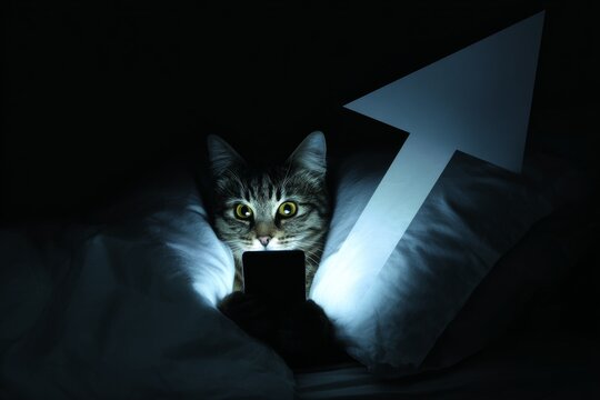 Endearing cat's nighttime smartphone dilemma. Dark night cat. Continuous improvement reflected in growing indicators. Smart cat night. Cat holding phone.