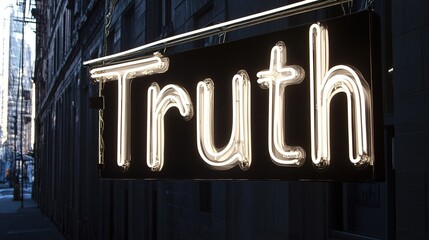 Obraz premium A neon sign illuminates the word Truth, casting a stark glow against the backdrop of a modern metropolis at dusk, symbolising transparency and reality. Stock Image.