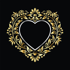 Wedding icon with heart and flower. Vector illustration on black background.