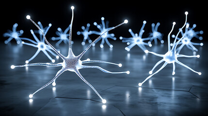 Neuronal cells with glowing synapses in a digital representation