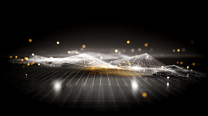 Abstract digital network with glowing nodes and geometric patterns on a dark background
