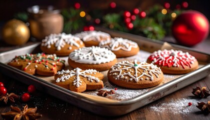 Festive gingerbread cookies decorated with icing on baking sheet