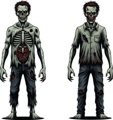 Creepy cartoon zombies with torn clothes, exposed bones and guts, scary undead monsters perfect for Halloween, horror, or spooky designs.