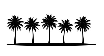 Five palm trees silhouette standing in a row on a small patch of land against a white background