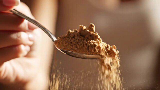 Close up of a spoon holding brown powder with particles falling off.