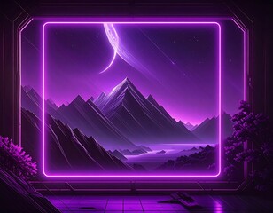 Futuristic, purple mountain landscape seen through a glowing window