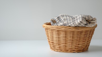 Wicker basket with plaid cloth on white table, minimal home interior close up