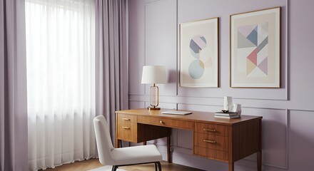 Fototapeta premium Modern Home Office Desk with Artwork and Lamp in Bright Room