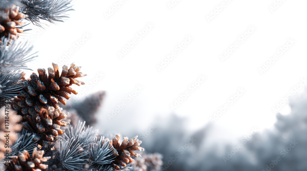 Poster frost covered pine cones rest on branches, creating serene winter scene. soft focus background enhan