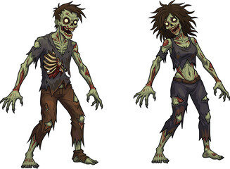 zombie, cartoon, horror, undead, monster, couple, green skin, skeletal chest, scary, creepy, Halloween, apocalypse, infected, wounds, bones, grotesque
