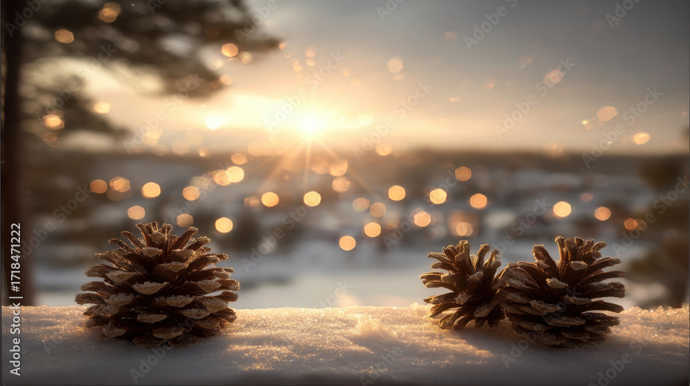 Poster serene winter scene featuring pine cones resting on snow covered surface, illuminated by warm sunset