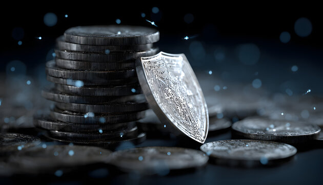 Stack of silver coins protected by digital shield on dark blue background. Network of glowing blue lines connects coins, shield. Futuristic tech illustration suggests financial security, digital