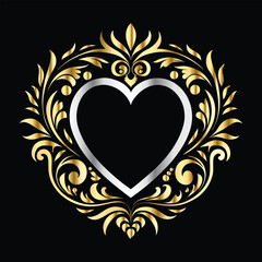 Wedding icon with heart and flower. Vector illustration on black background.