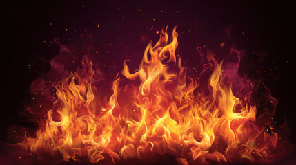 Obraz premium Vibrant flames dance against dark background, creating mesmerizing display of orange and yellow hues. fire flickering movement evokes warmth and energy, captivating viewer attention