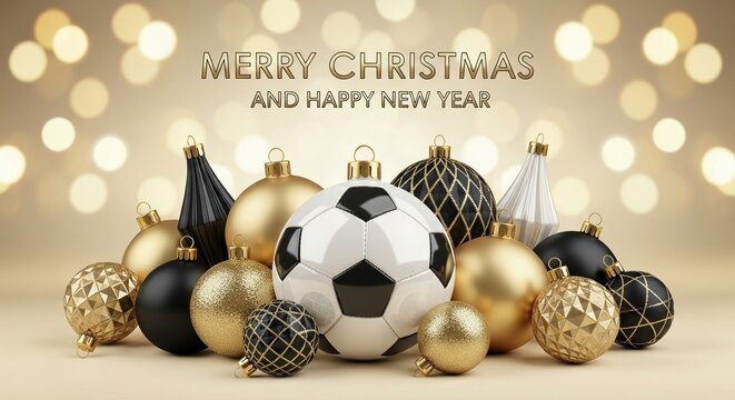 Festive soccer design: football ornaments with holiday text on goldbackground