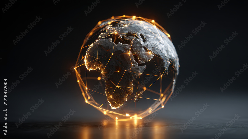 Poster 3d representation of globe showcasing africa, interconnected with glowing lines and nodes, symbolizi
