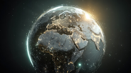 Obraz premium Glowing Earth with illuminated cities and network connections, showcasing beautiful view of Europe and Africa from space, symbolizing global connectivity and technology