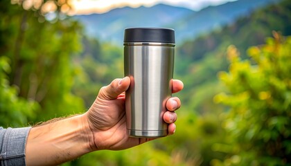 Hand holding a metallic travel mug against a backdrop of lush foliage and mountains