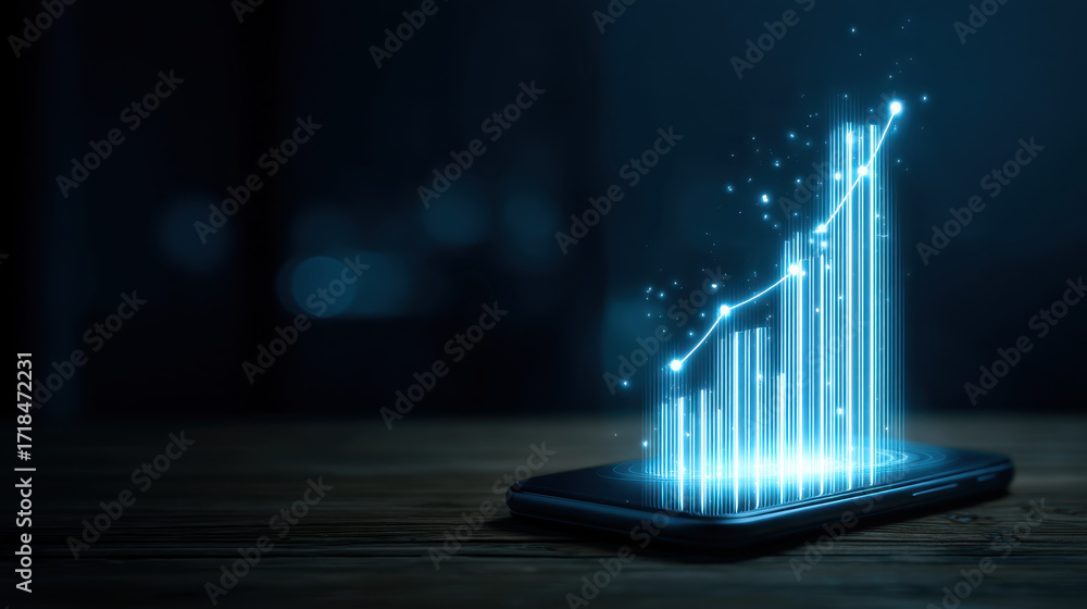 Poster glowing graph emerging from smartphone symbolizes growth and progress in technology and finance. dig