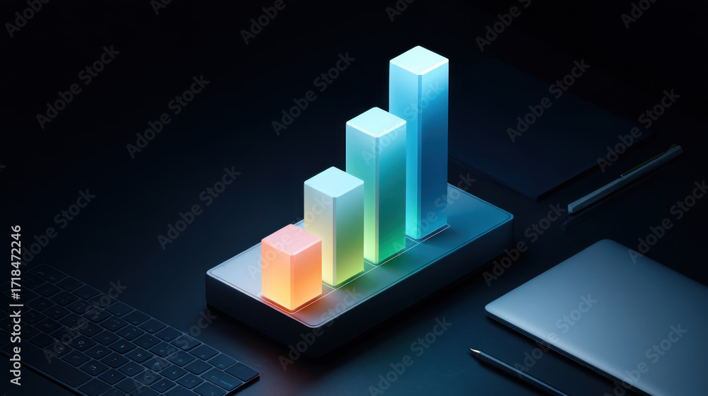 Poster modern data visualization with glowing bar graphs representing growth and progress. sleek design fea