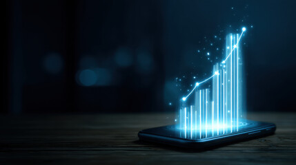 Glowing graph emerging from smartphone symbolizes growth and progress in technology and finance. digital representation highlights innovation and data analysis
