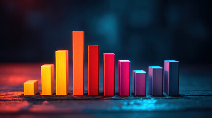 Colorful bar graph representing data visualization with vibrant hues of orange, pink, and blue. bars vary in height, showcasing dynamic range of values in modern design