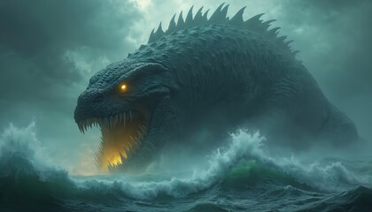 Ancient biblical mythology Leviathan massive fearsome sea monster lurks in stormy depths. Chaos, power, AI art concept features colossal creature with glowing eyes, sharp teeth emerging from