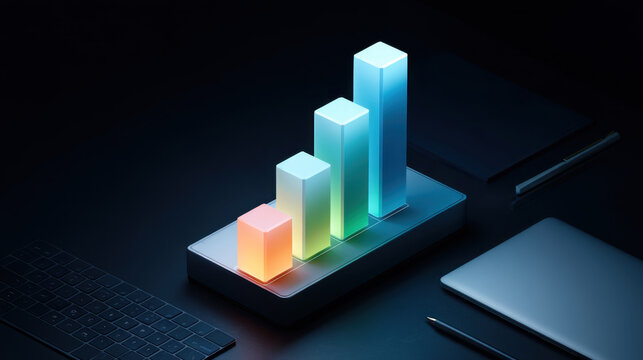 Modern data visualization with glowing bar graphs representing growth and progress. sleek design features dark background, enhancing vibrant colors of bars, symbolizing success and innovation