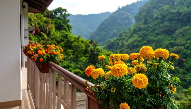 Balcony flowers overlooking lush mountains