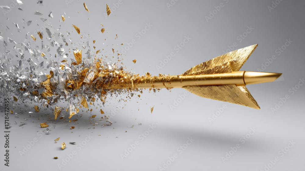 Poster golden arrow shattering through surface, creating dynamic explosion of metallic fragments. image con