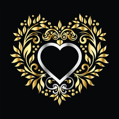 Wedding icon with heart and flower. Vector illustration on black background.
