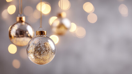 Elegant Christmas ornaments hang gracefully against soft, blurred background filled with warm, glowing lights, creating festive and joyful atmosphere