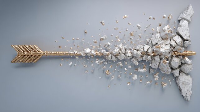 Golden arrow piercing through wall of shattered concrete, symbolizing strength and determination. dynamic motion captures essence of breaking barriers and overcoming obstacles
