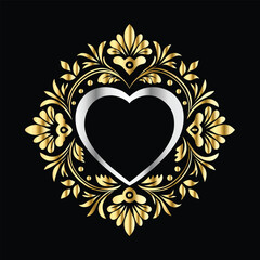 Wedding icon with heart and flower. Vector illustration on black background.