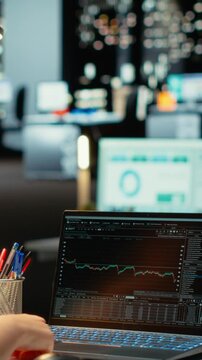 Vertical Video Devastated finance advisor looks at real time money loss and decreasing trends, stock crash causing concern for bankruptcy. Cryptocurrency market fall showcases a financial crisis